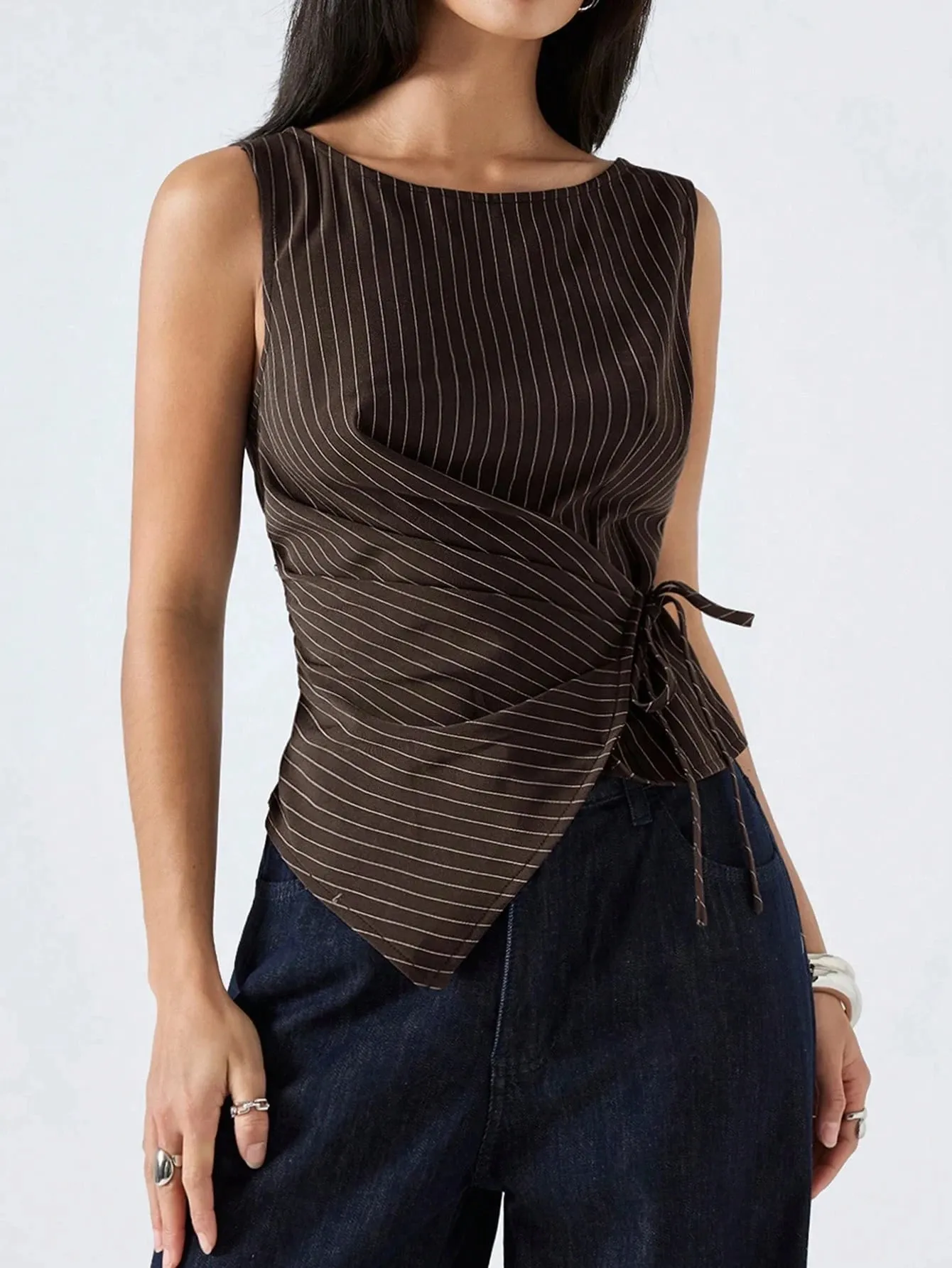 Women's Elegant Stripe Printing Slim Fit Side Tie-Strap Pleating Sleeveless Top Casual Asymmetry Hem Boat Tank Top Summer 2026 — image 7