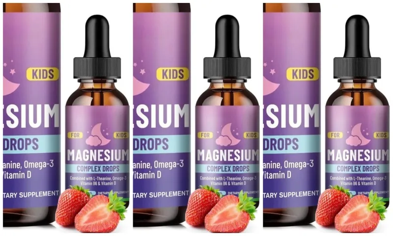 Kids Magnesium Glycinate Liquid Drops with L-theanine Omega-3 Vitamin B6 D3 for Sleep Relaxation 2 Fl Oz Strawberry Flavor