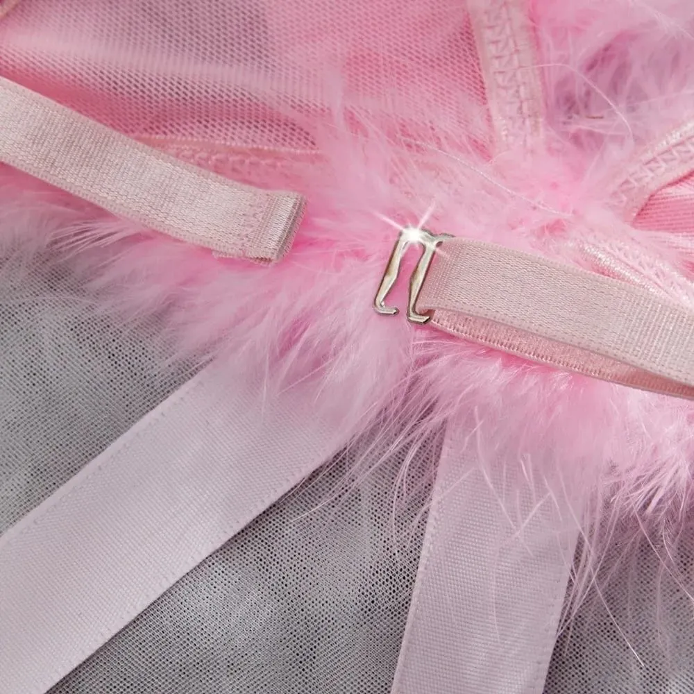 Furry Women's Underwear Wireless Bow Decor Lingerie Set Romantic Intimate Mesh Transparent Bra Panties Suit Anniversary