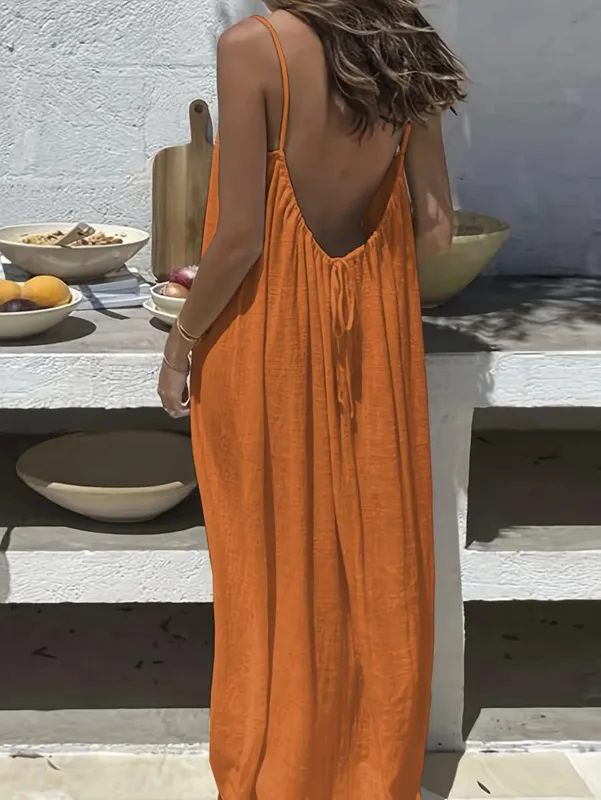 Women's Solid Color Backless Cami Dress Strappy Lounge Dress Open Back Maxi Length with Relaxed Fit Comfortable Home Wear — image 17