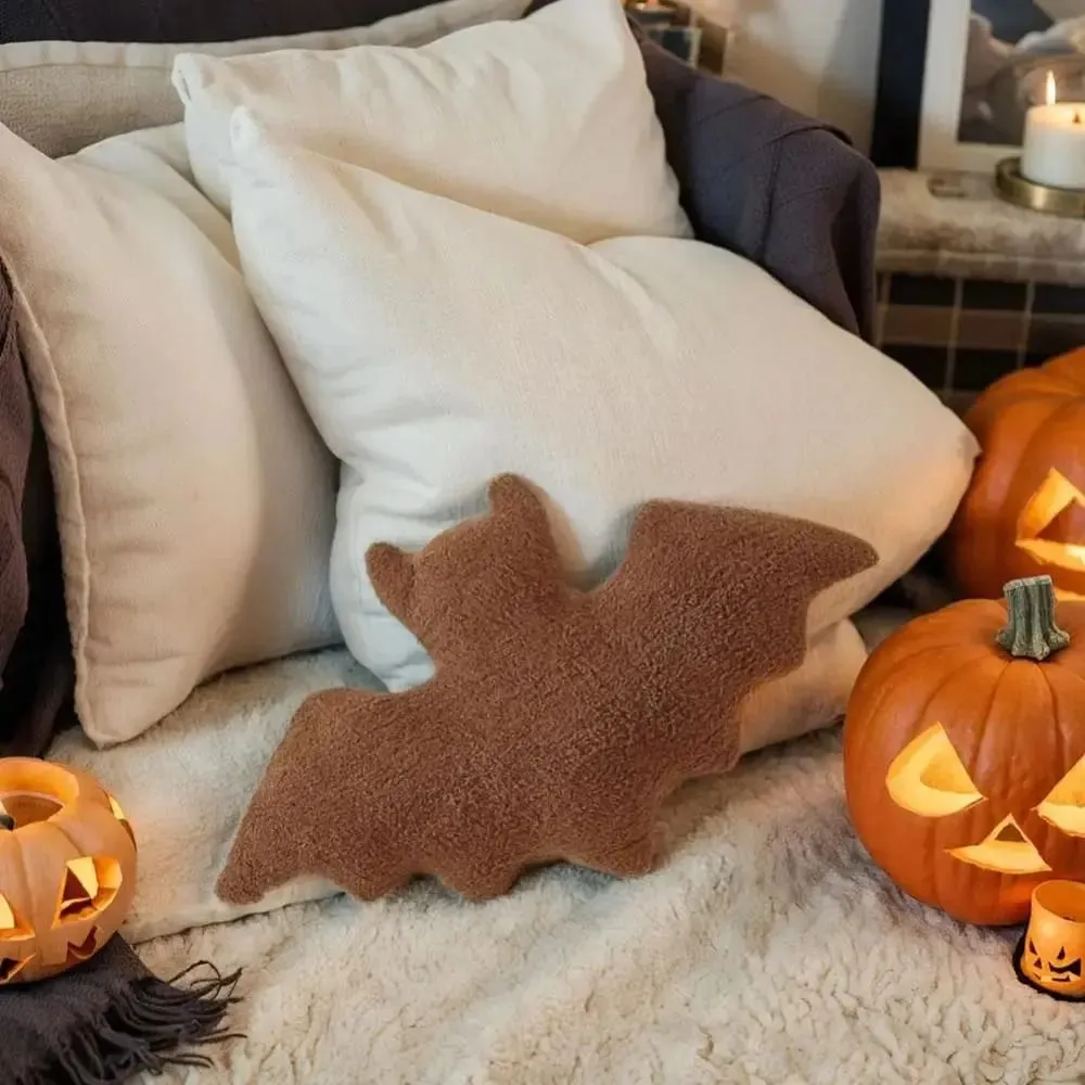 Material Bat Pillow Black White Brown Soft Fabric Bat Modeling Pillow Halloween Theme Gothic Bat Halloween Decoration