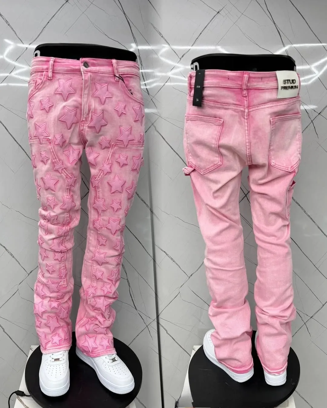 Men's Patch Five-pointed Star Washed Pink Fashionable Versatile Style Straight Leg Jeans Punnk Hip Hop Style Basic Denim Pants
