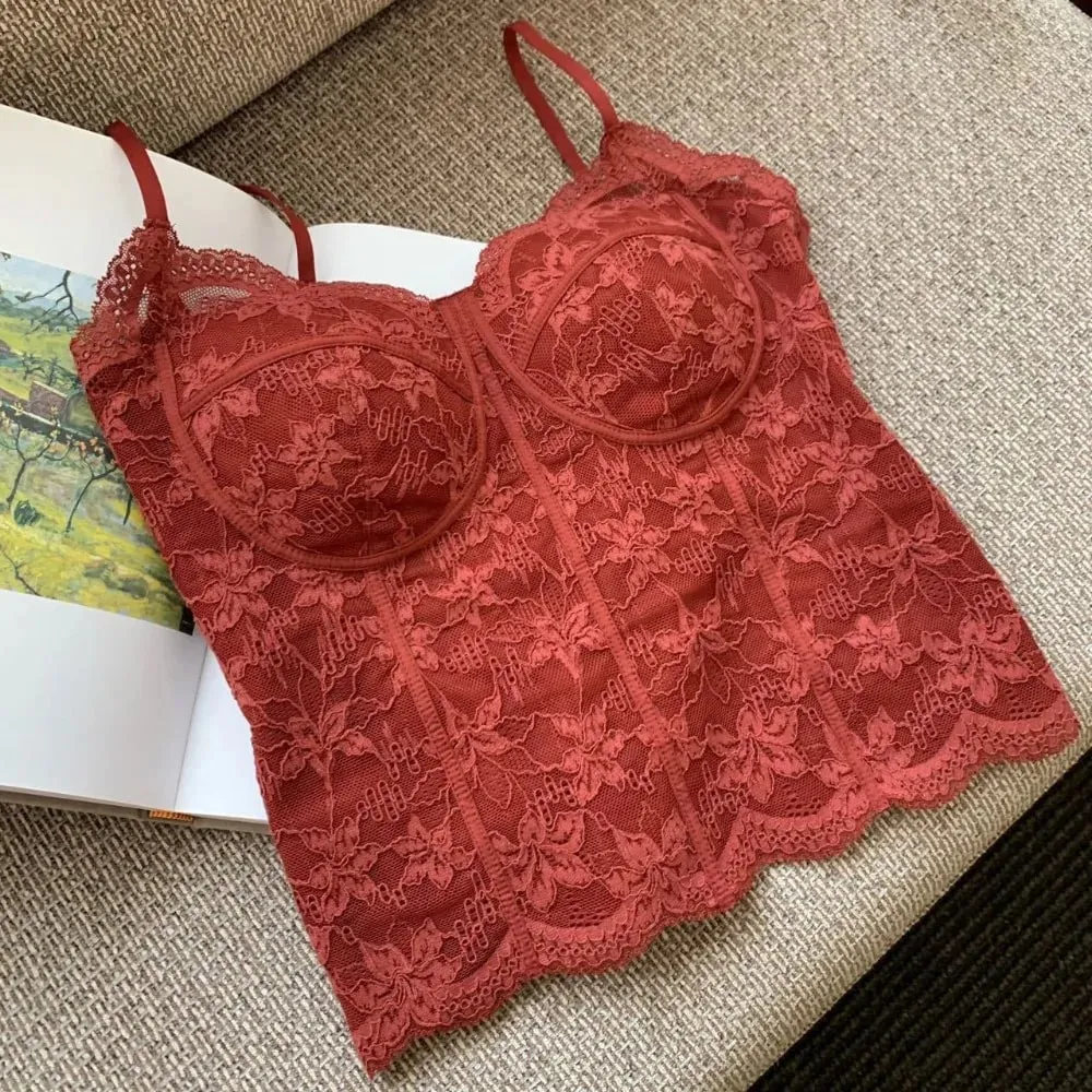 Elegant Fleece-lined Women Winter Camisole Retro Lace Floral Sleeveless Tank Tops with Chest Pad Slim Camis Crop Tops Women Girl