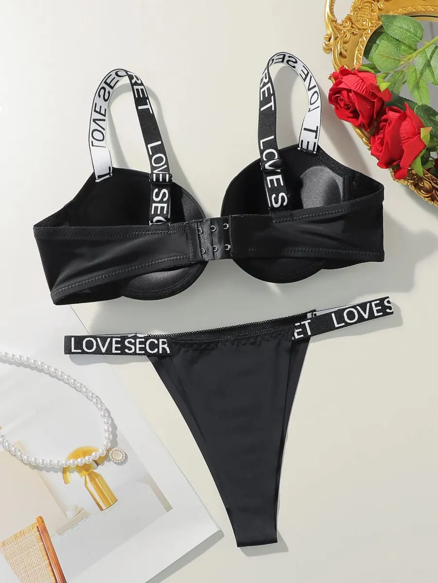 Viomisha Popular Sexy Letter Underwire Push Up Bra Lingerie Set for Women 2 Piece Solid Underwear Comfort Knit Strap
