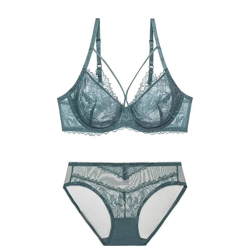 L'bellagiovanna Plus Size Minimizer Bra Set Strappy Caged Lace Lingerie Embroidery Sheer Mesh Bralette Underwire Unlined Bra B-E