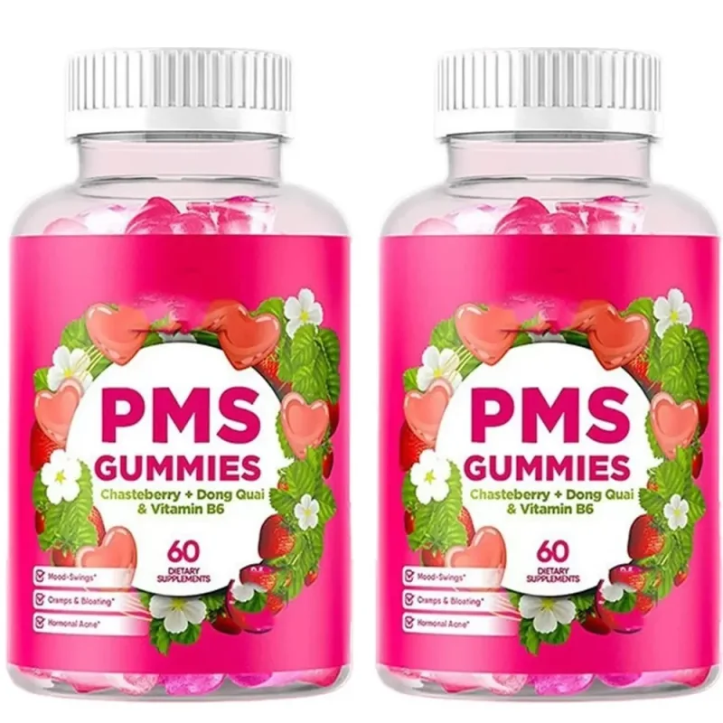 PMS Support Gummies with Chasteberry Vitex Dong Quai Vitamin B6 & Lemon Balm for Women's Monthly Wellness & Mood 60 Gummies