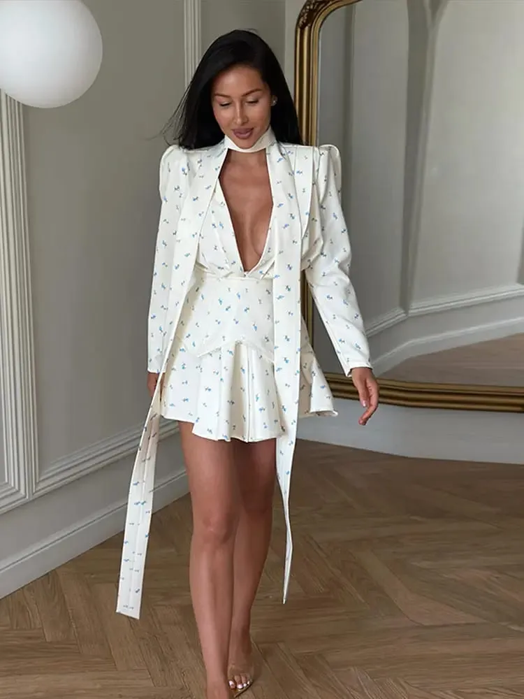 Elegant Printed Women's Dress Long Sleeve V-Neck Lady Mini Dresses With Waist-Tape 2026 Summer Chic Female Vacation Holiday Robe — image 6