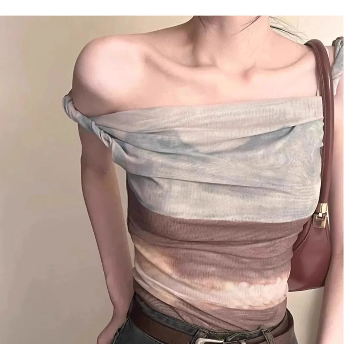Irregular Net Strap Dyed Off-Shoulder Top for Women Summer American Print Vest Fashionable Versatile Sexy Fitted Short Style