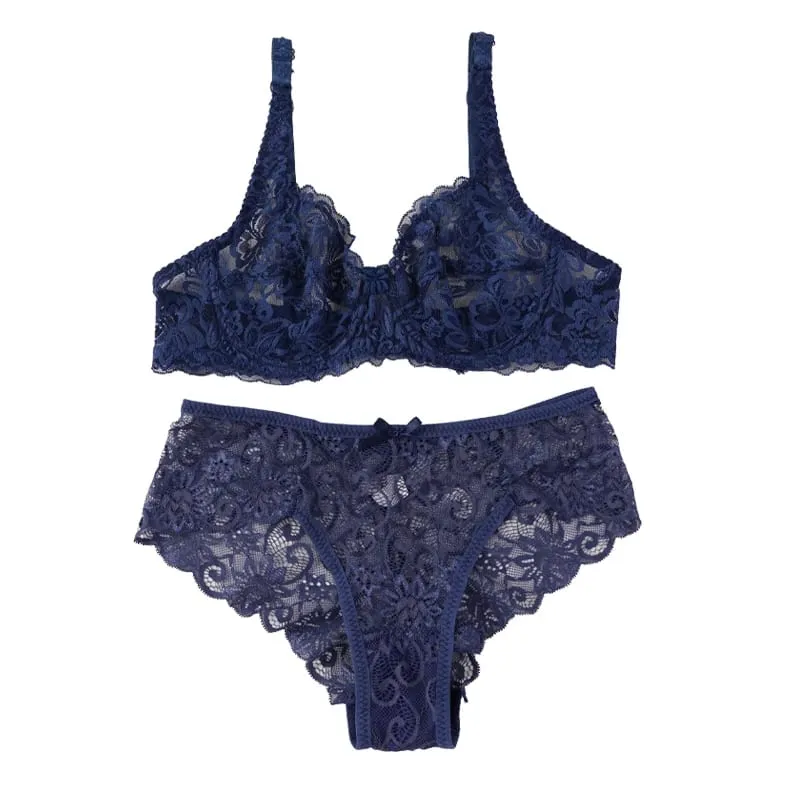 Women's Sexy Lace Thin Bras Suit Non-pad Exquisite Push-up Bra Solid Breathable Underwire G-String Panties Underwear Set