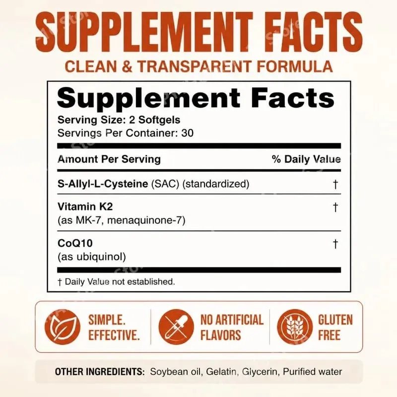 كبسولات هلامية من الثوم عديم الرائحة مع CoQ10 Ubiquinol وK2 لضغط الدم ودعم القلب والدورة الدموية للكوليسترول 60 كبسولة هلامية — image 2