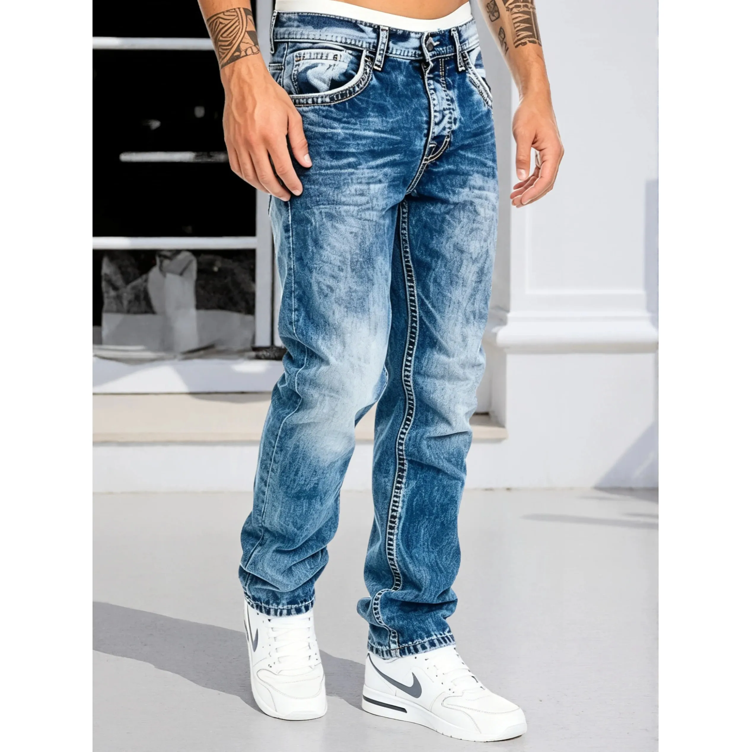 Men's Jeans Man Pants Classic Straight Cut Stretchl Denim Trousers Vintage Washed Solid Color for Street Style — image 5