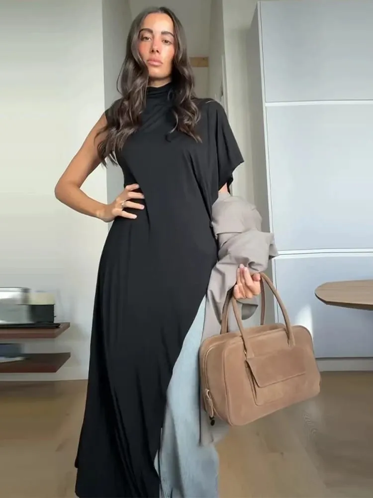 Asymmetric Hem Puff Sleeve Midi Dress Solid Boat Neck Slim Fit 2026 Summer Chic Elegant Party Women Evening Office Evening Gown