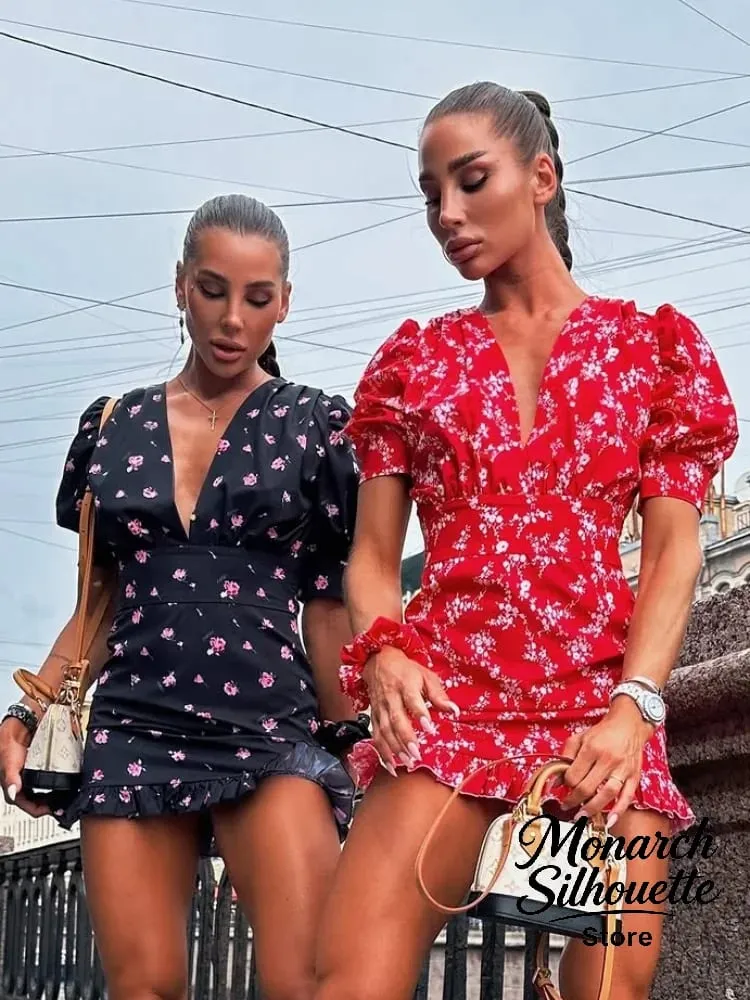 Chic Printed Slim Fit Mini Dress Women Elegant V-neck Puff Short Sleeves Waist Cinching Dresses 2026 Summer Lady Party Robes New