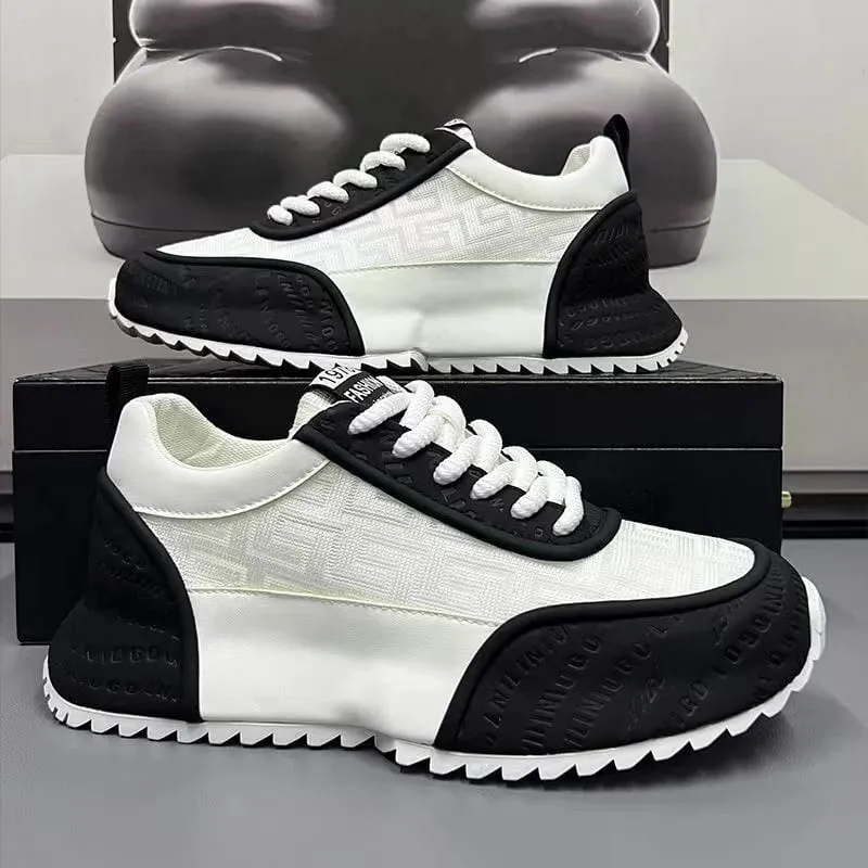All Black Chunky Dad Sneakers Breathable Mesh And Leather Blend Platform Shoes Non Slip Casual Athletic Shoes For Streetwear