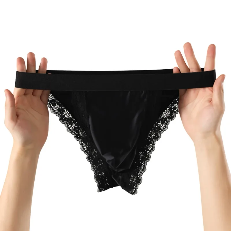 Satin-like Comfortable Men Panties Lace Trim Briefs Sexy High Fork Bikinis Underwear Breathable Low Waist Pouch