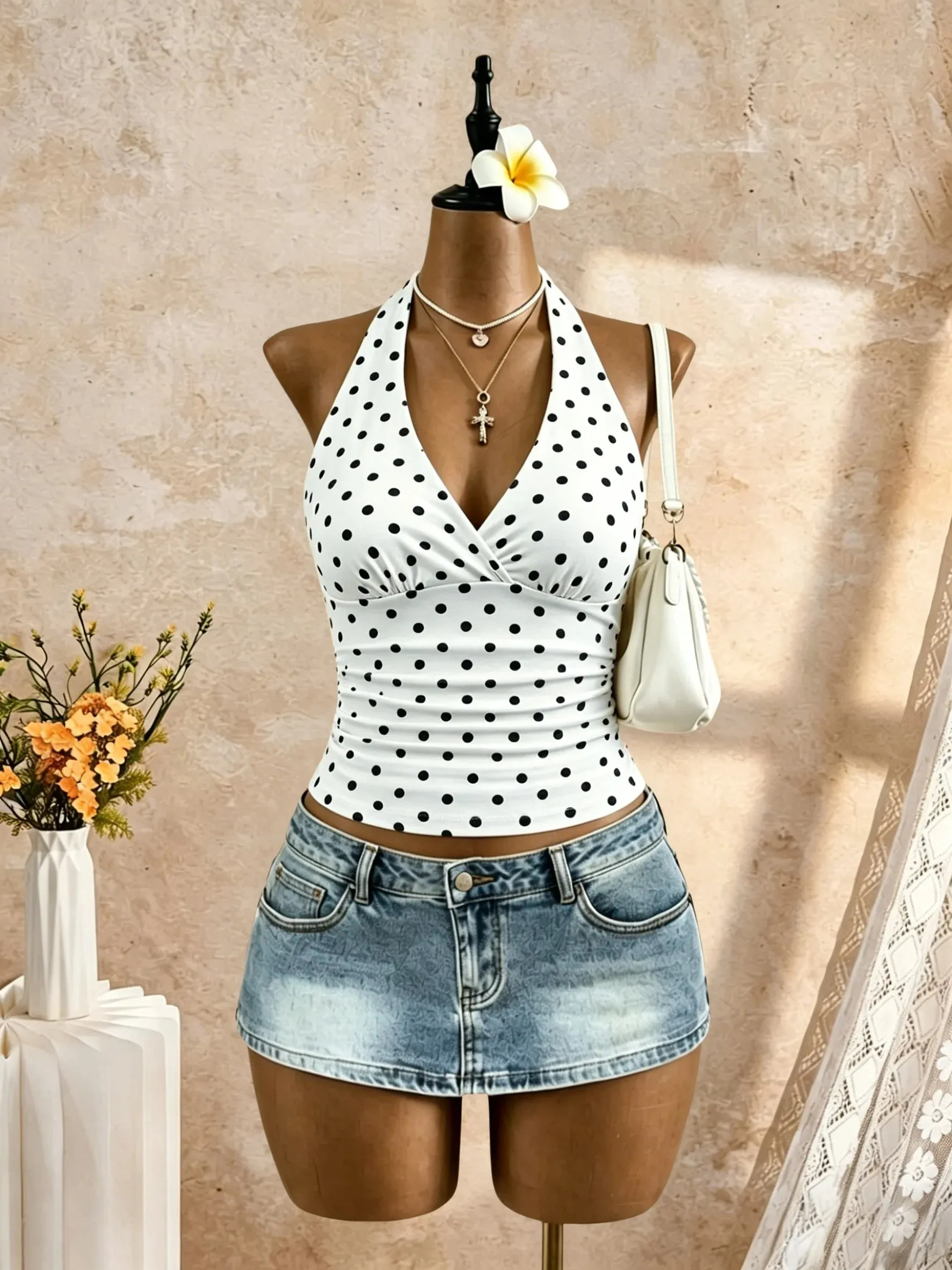 Women Halter Deep V Neck Wrap Front Side Ruched Waist Sleeveless Crop Cami Top Solid White Slim Fit Summer Beach Vacation Casual