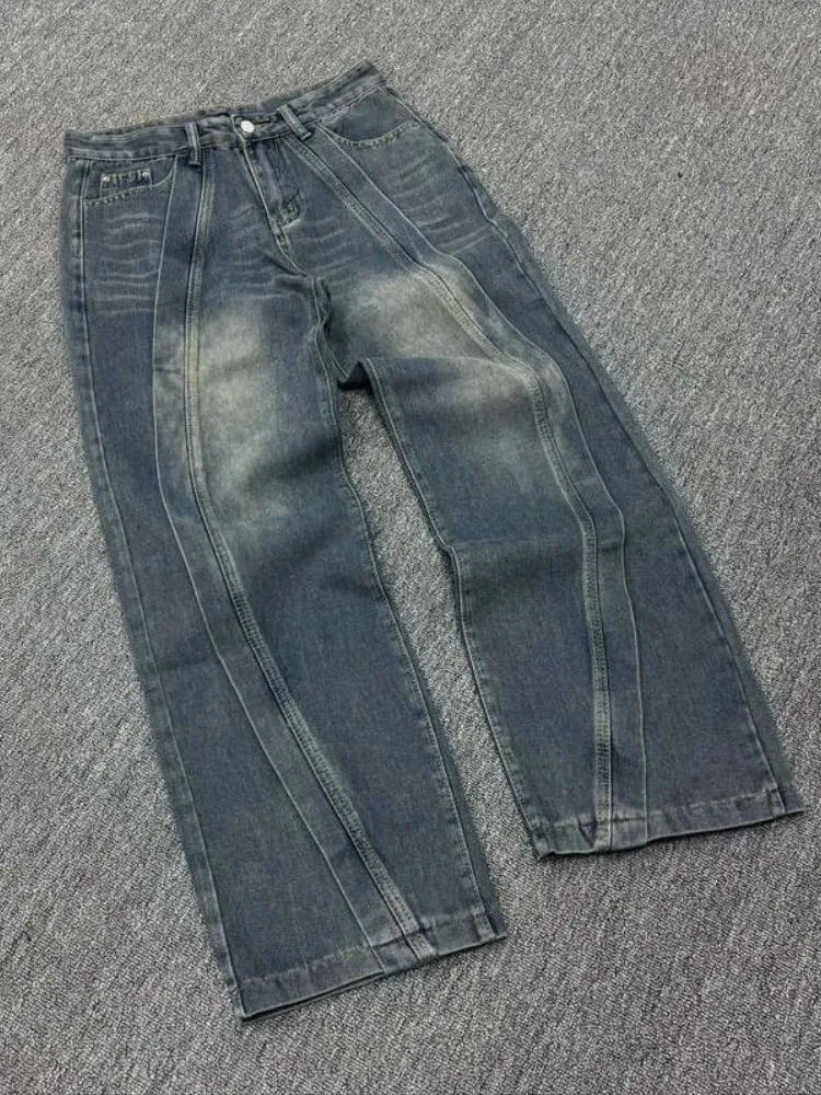 Mens Jeans American Vintage Streetwear Dark Blue Wide Leg Denim Pants Patchwork Contrast Stitch Washed Loose Fit Retro Fashion