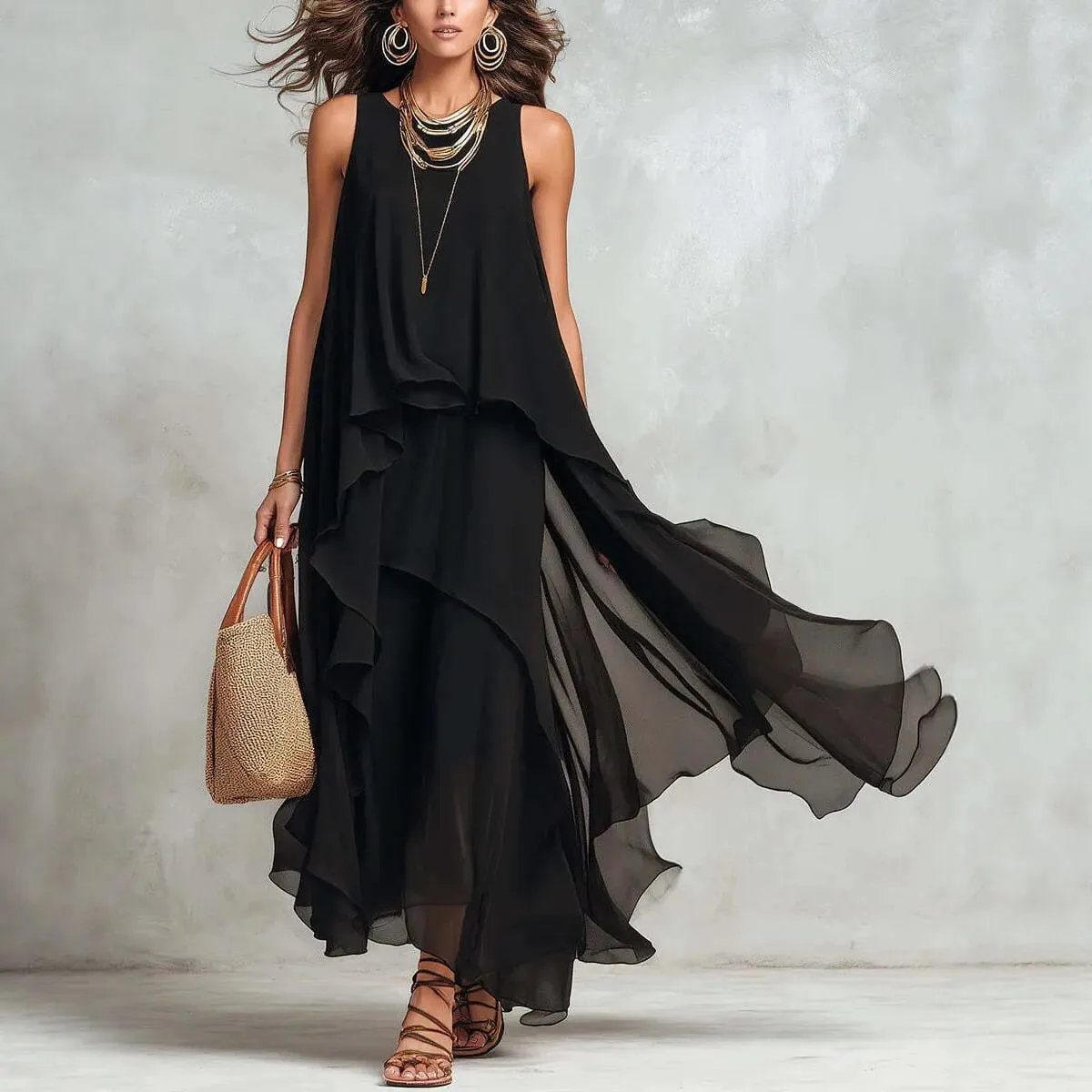 2026 New Black Sleeveless Irregular Chiffon Long Dress With Elegant Temperament For Women Dress