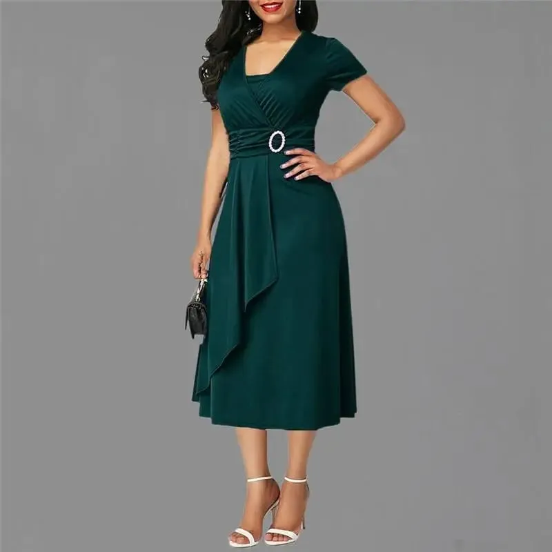 We.Fine Dress Women Solid Color Short Sleeve V Neck Asymmetric Hem Waist Midi Party Dress Elastic Female Dresses Woman Vestidos