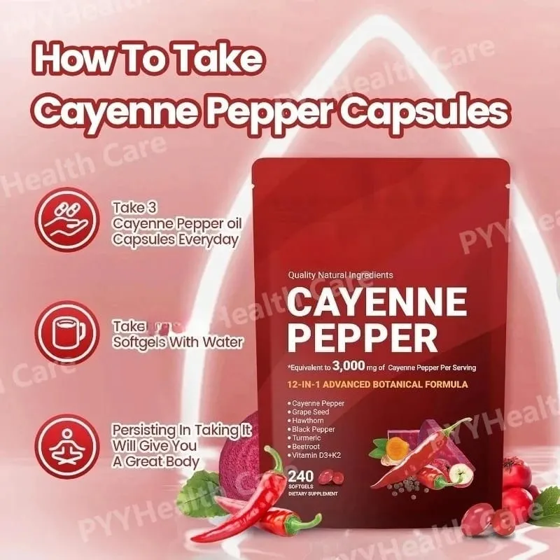 Gélules de poivre de Cayenne avec pépins de raisin, betterave, curcuma, vitamines D3 K2 E, supplément à base de plantes