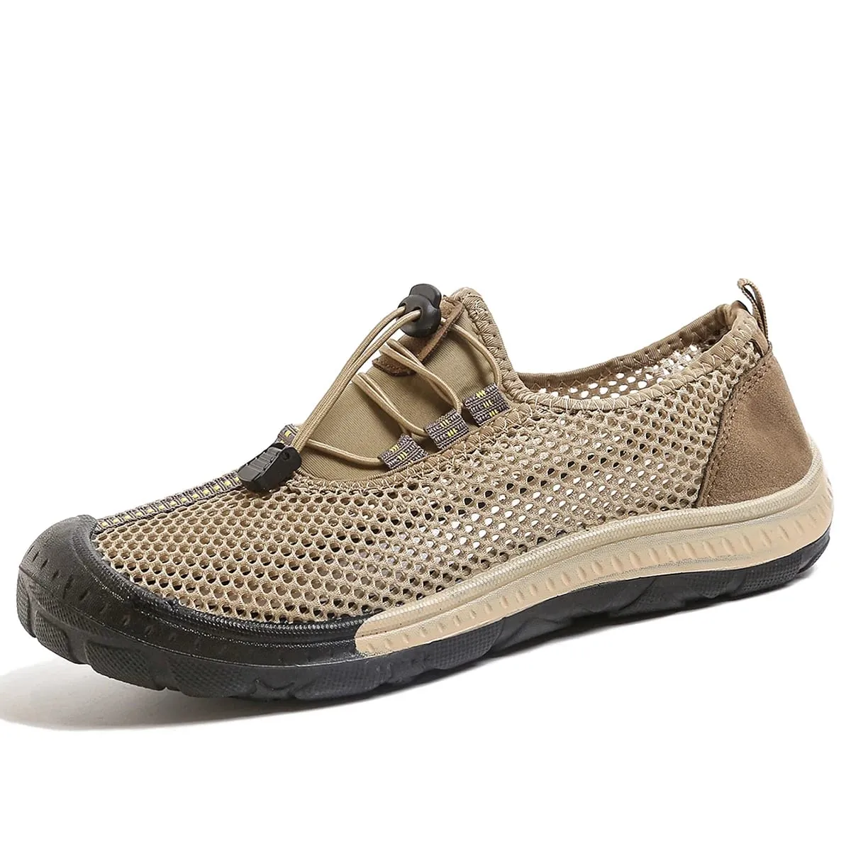 Men's Hollow Mesh Quick Toggle Lace Walking Trainers Striped Stitching Trim Wrapped Thick Rubber Toe Cap Outdoor Casual Shoes