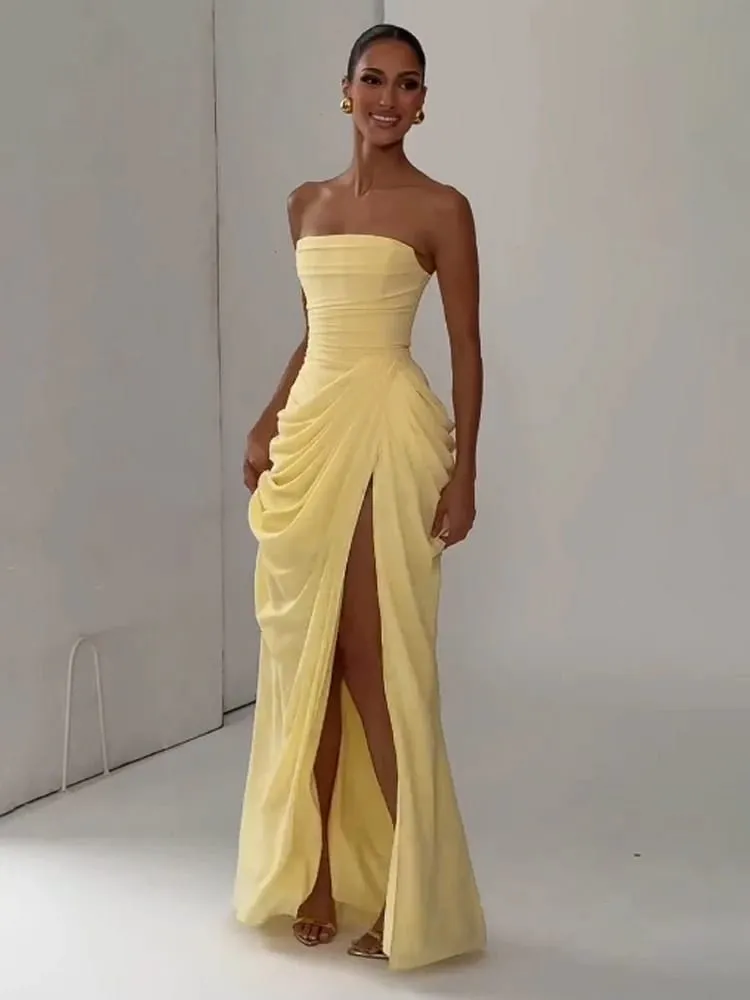 Women Sexy Solid Pleated Dress Lady Chic Off-shoulder Backless Strapless High Waist Split Dresses 2026 Summer Evening Party Gown