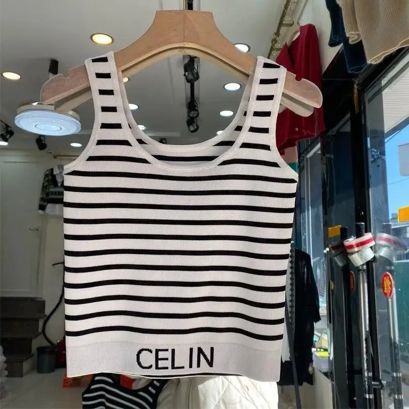 Spring and Summer New Korean-style Hem Letter Stripes Slimming Knitted Halter Top Versatile Slimming Solid Color Vest for Women