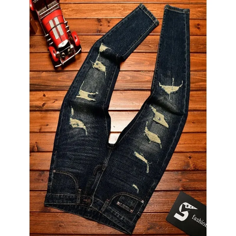 Street Designer Fashion Men Jeans Retro Washed Blue Stretch Slim Fit Ripped Jeans Men Y2K Vintage Casual Denim Pencil Pants