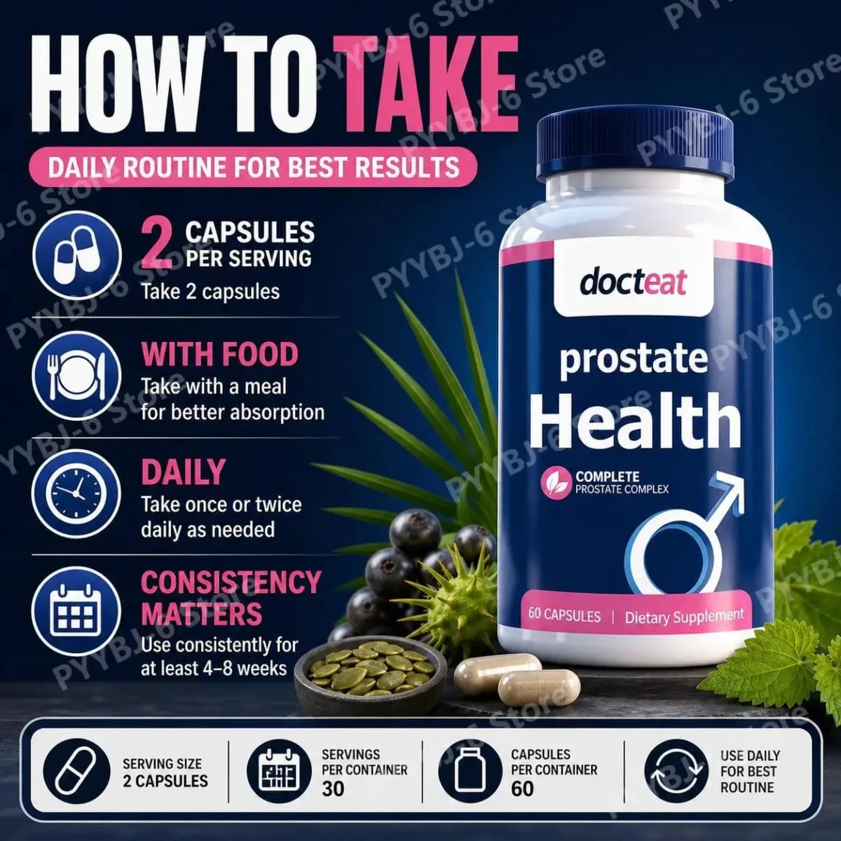 Docteat Prostate Health Capsules with Saw Palmetto Extract Pumpkin Seed Extract Stinging Nettle Root Extract 60 Capsules