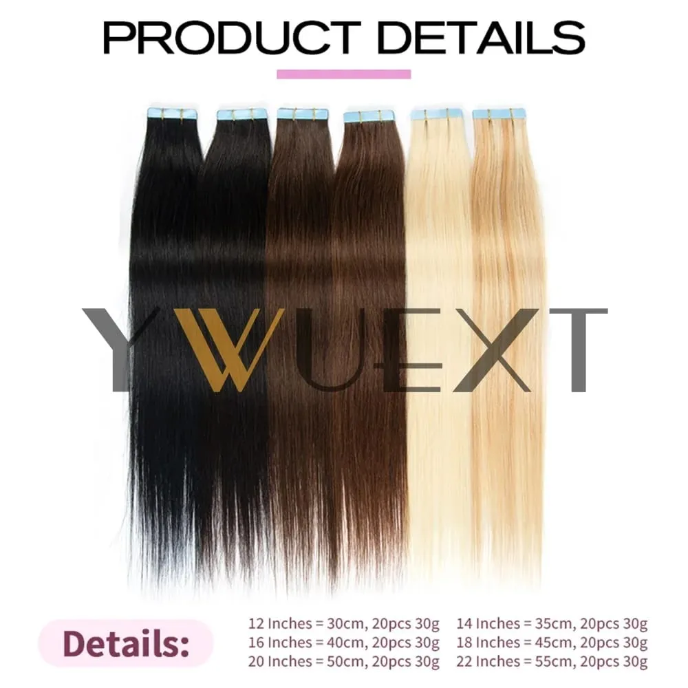 30G Tape in Human Hair Extensions 12-20 Inches Seamless PU Skin Weft Tape Hair Natural Straight 20pcs/pack Tape Glue 9 Colors Available