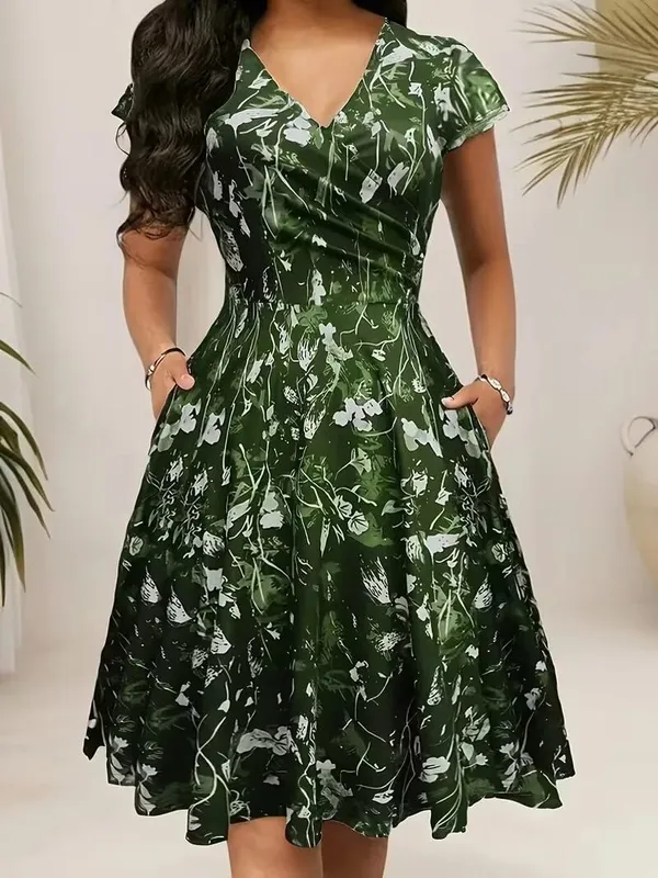 Elegant Floral Printed V-Neck Mid-Length Pocket Dress Polyester Blends for Spring Summer Autumn Three Season Women's Dress — image 8
