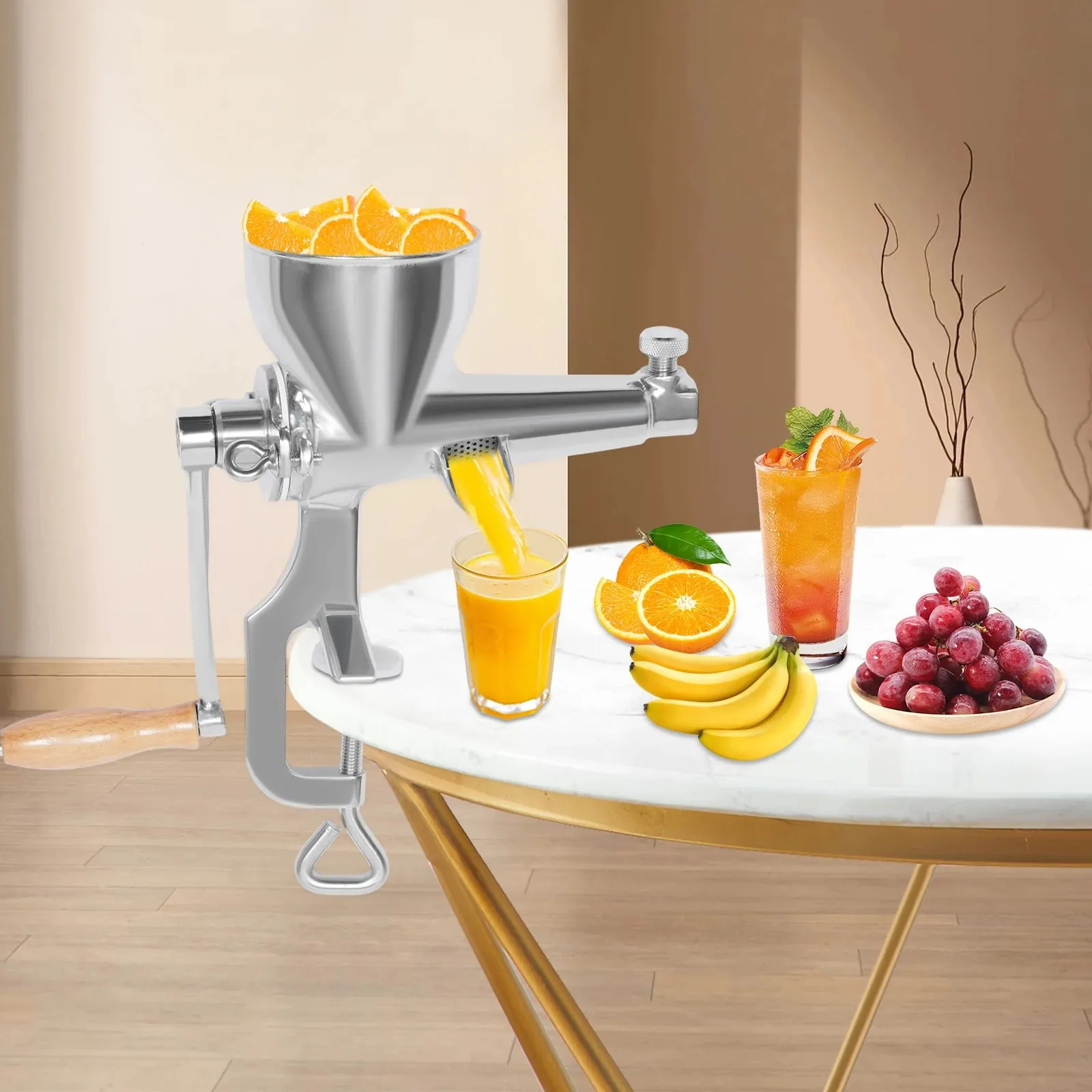 Manual Juice Squeezer – 304 Stainless Steel – C-Clamp Base – 3.54" Inlet – for Wheatgrass Vegetable Fruit – Easy Clean – Home & Commercial – Silver