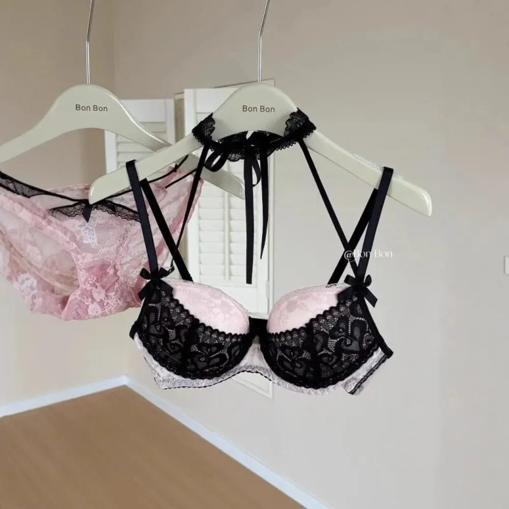 French Romantic Halter Neck Lace Bra Set Women Push‑Up Support Soft Stretchy Lingerie Underwear Small Bustセクシーな S-XL