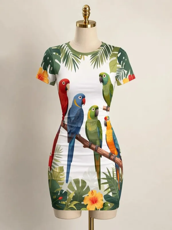 Womens Short Sleeve Bodycon Mini Dress Slim Fit Crew Neck Floral Print Casual Summer Party Cute Sweet Slimming Vacation Sundress — image 12