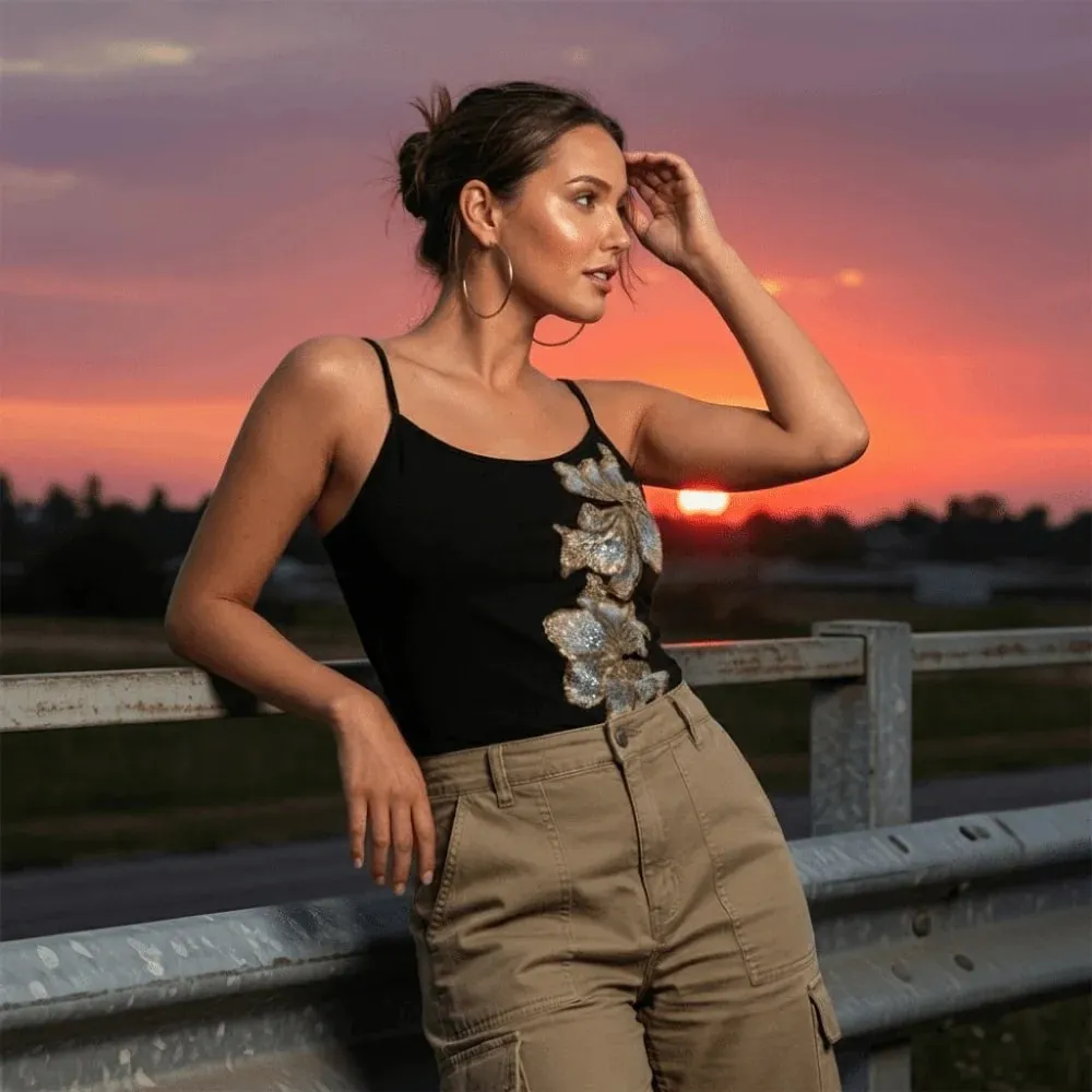 Casual Vintage Summer Tanks Sleeveless Black Camis Tops Bodycon Fit Floral Print Crop Vest Spring Summer
