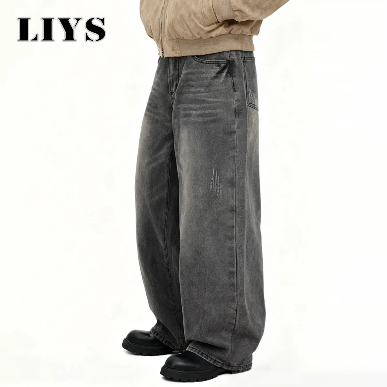 Men's American Retro Gray Baggy Wide Leg Jeans Daily Business Casual Loose Straight Leg Denim Pants Four Seasons Men's Clothes