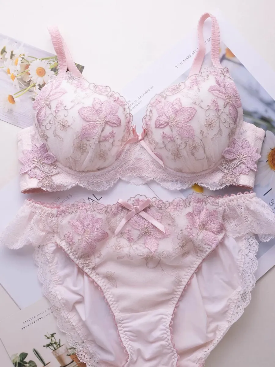 Japanese-style sweet lingerie set thin embroidered shallow cup disc type 2 bra set
