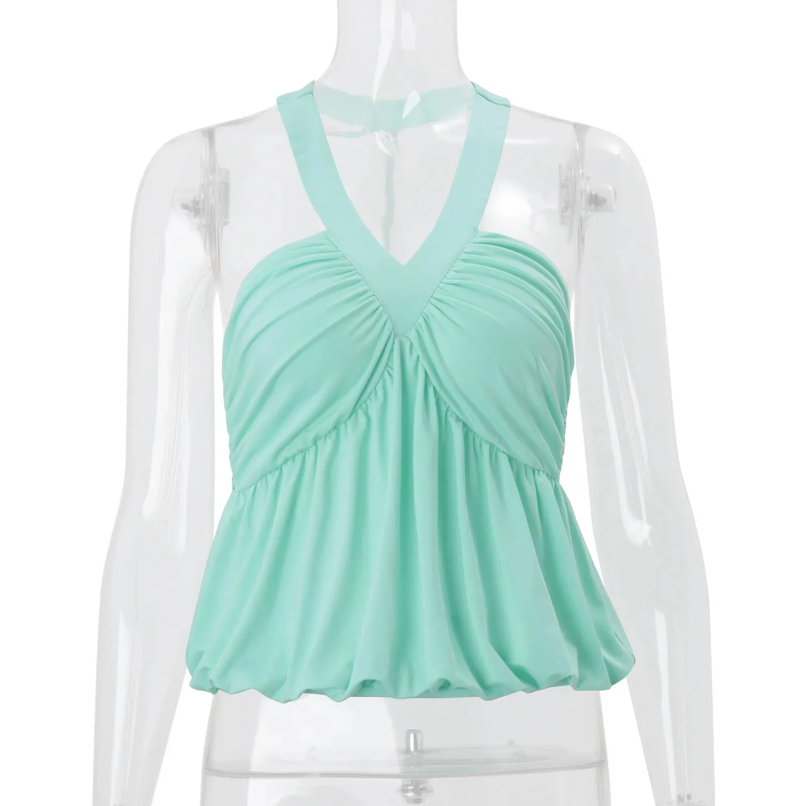 Typhaland Cross Neck-Mounted Camisole Women's Solid Sexy Backless Waist Cinching Pleated Stretch Casual Commuting Female Top
