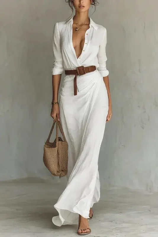 Women's Fashion Solid Holiday Party Dress Elegant Lapel Button Draped Long Dress Casual Long Sleeve Match With Belt Shirt Dress — image 9