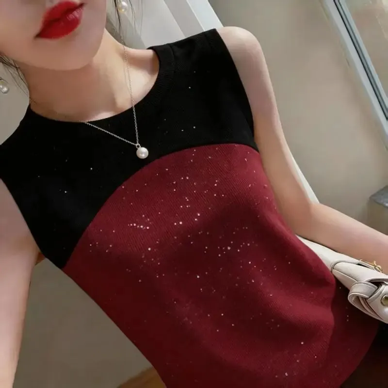 Sleeveless O-neck Contrast Patchwork Plus Size Elegant Tanks Summer Ice Silk Slim Vintage T Shirts Fashion Trend Women Clothing