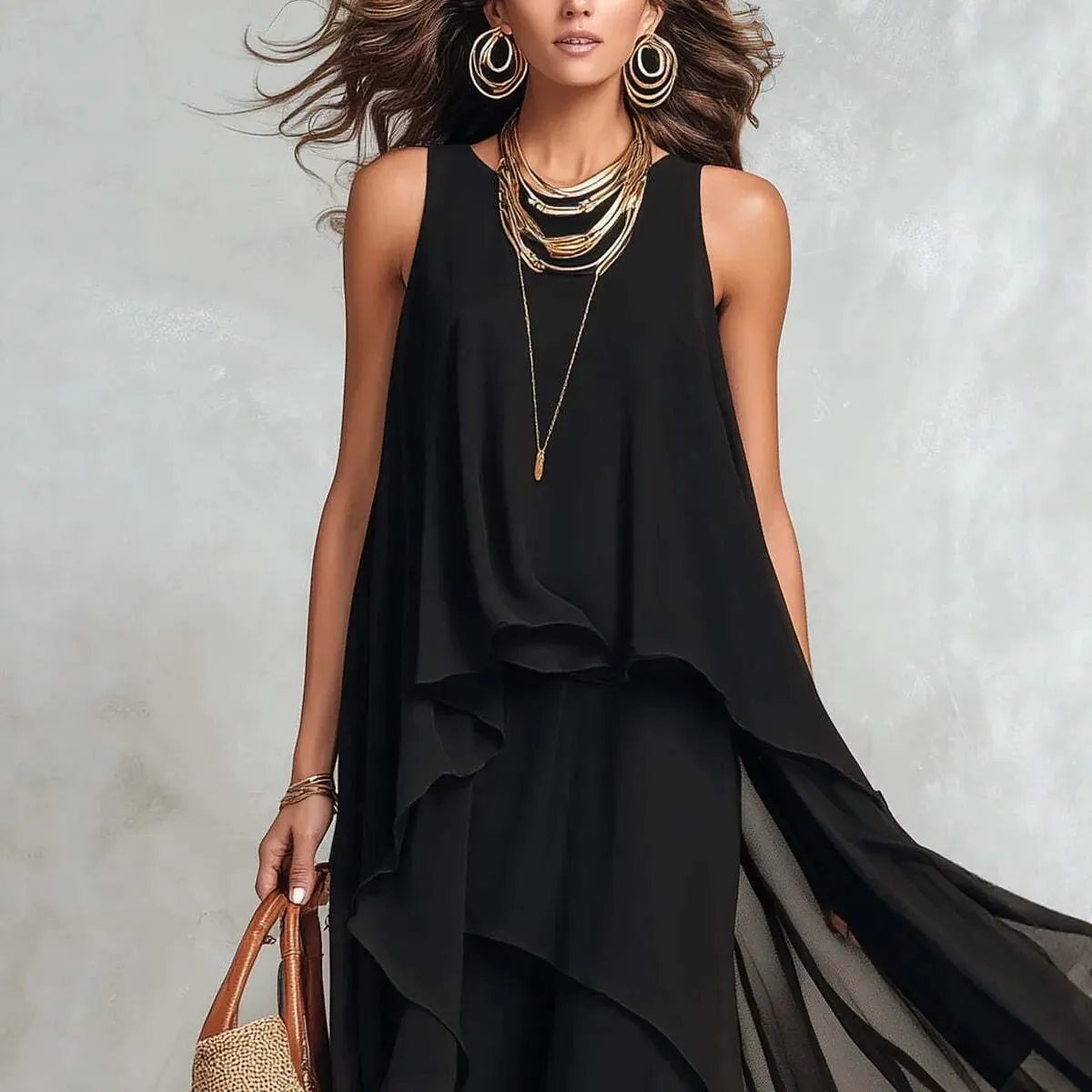 2026 New Black Sleeveless Irregular Chiffon Long Dress With Elegant Temperament For Women Dress