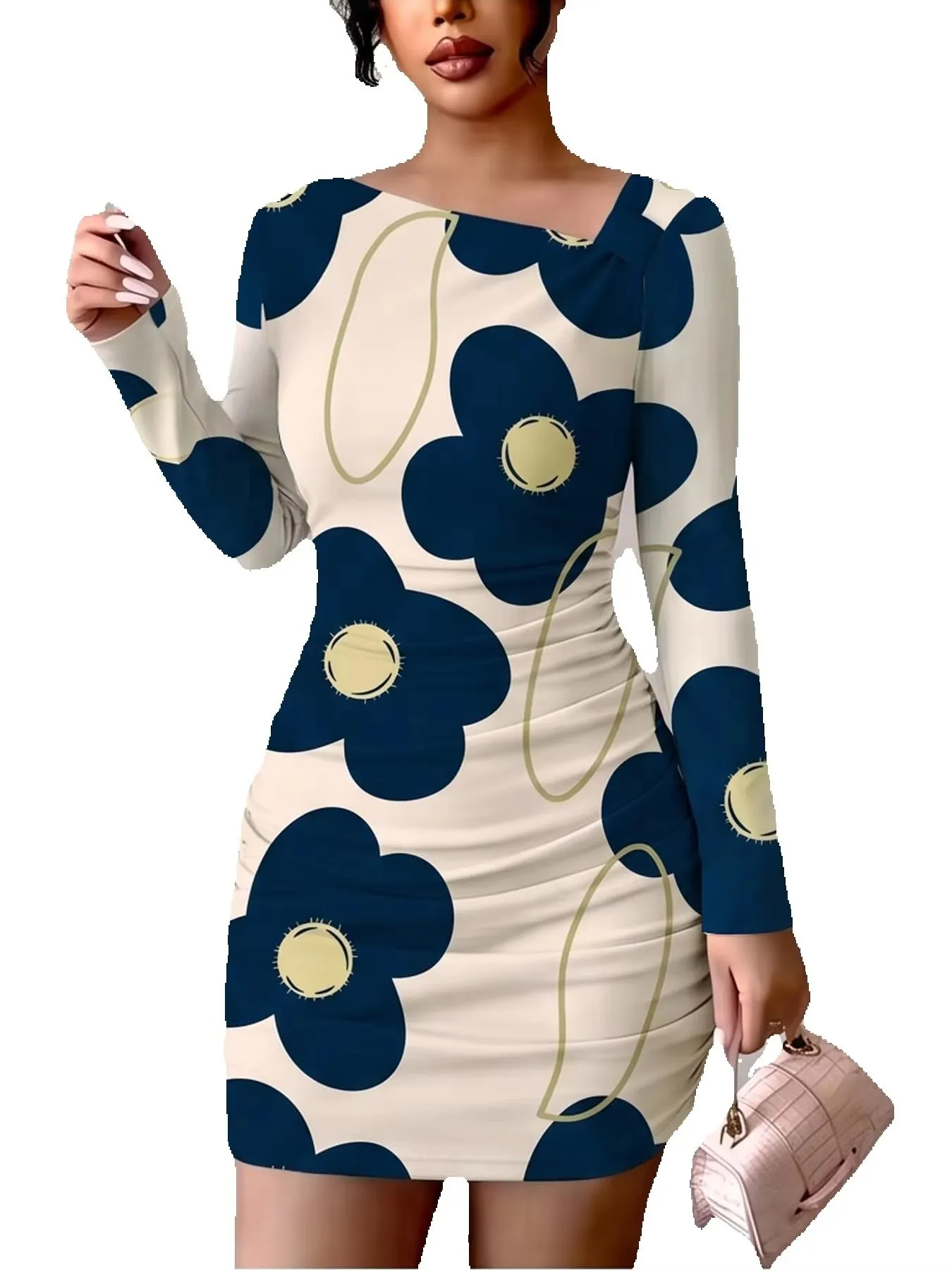 Women's Casual Comfortable Slanted Shoulder Collar Dress with Flower Print Long Sleeves Waist Bag Hip Mini Skirt Length