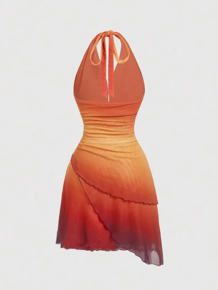 Gradient Bow Tie Strap Asymmetrical Backless Spaghetti Strap Dress