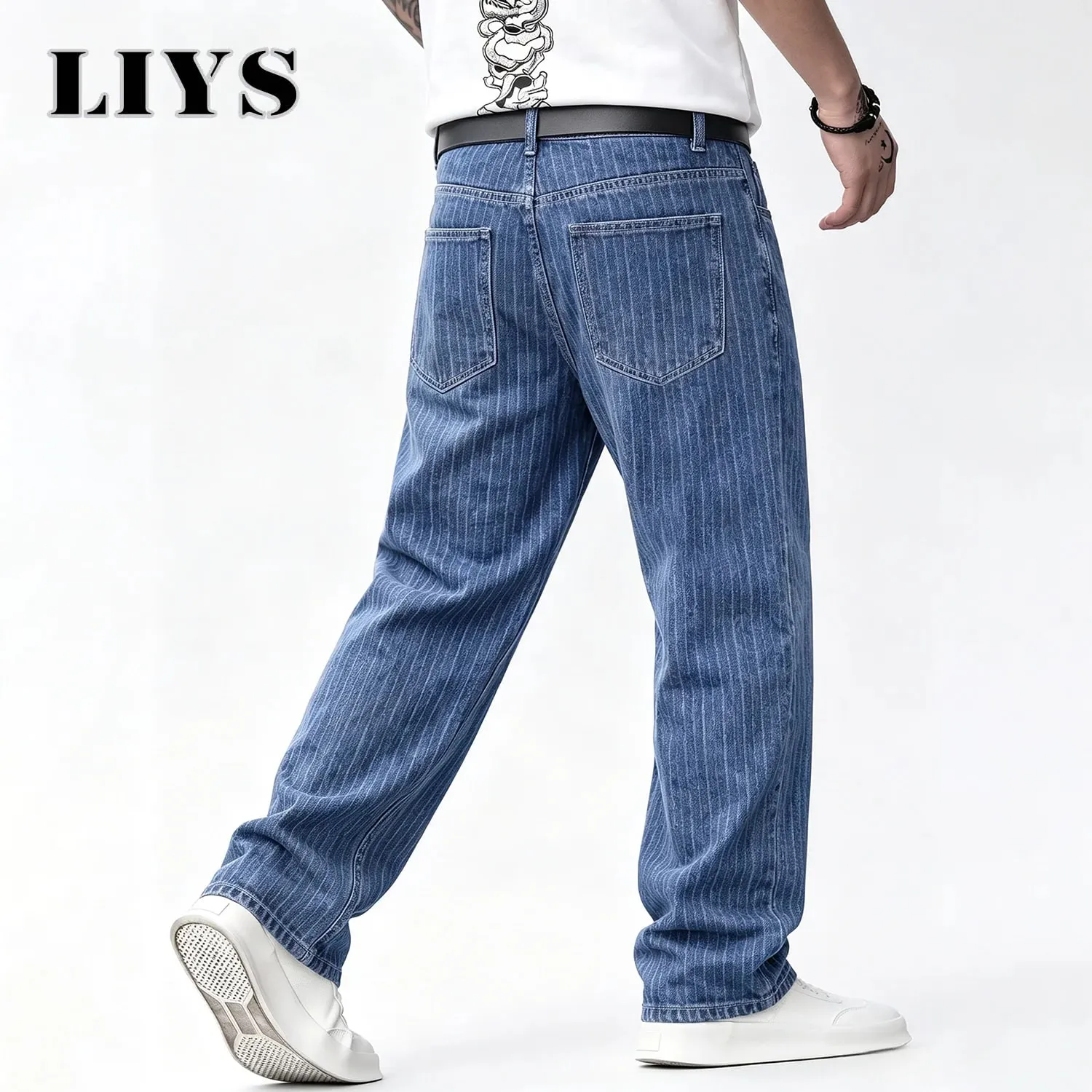 Men Vertical Thin Stripe Jacquard Baggy Denim Pants Classic Blue Loose Wide Leg Straight Leg Vintage Washed Jeans