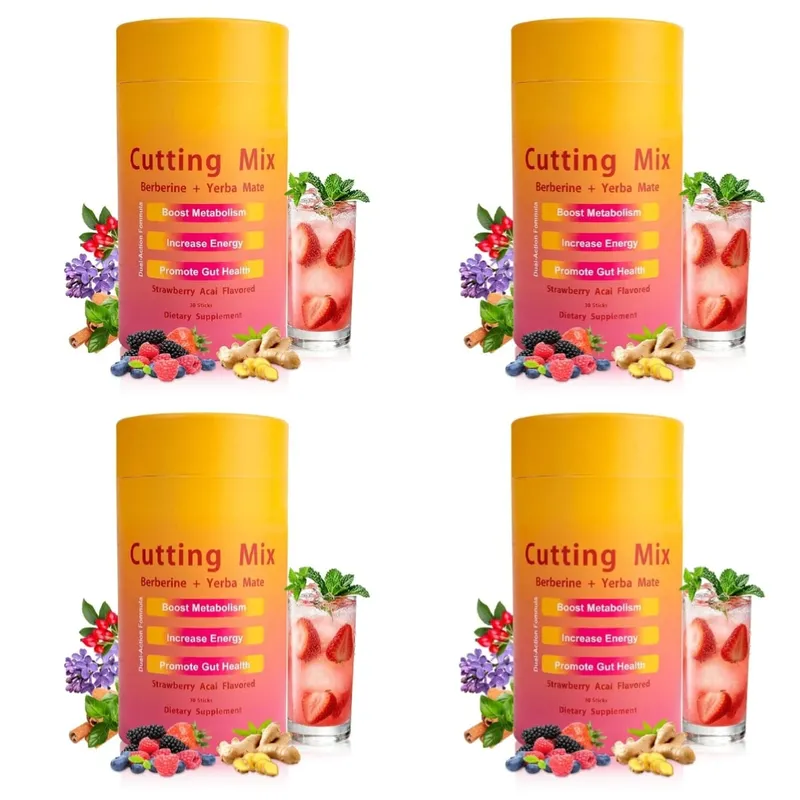 Berberine Yerba Mate Drink Mix Cutting Metabolism & Energy Support Strawberry Acai Flavor Gut Wellness 30 Stick Packs 180g