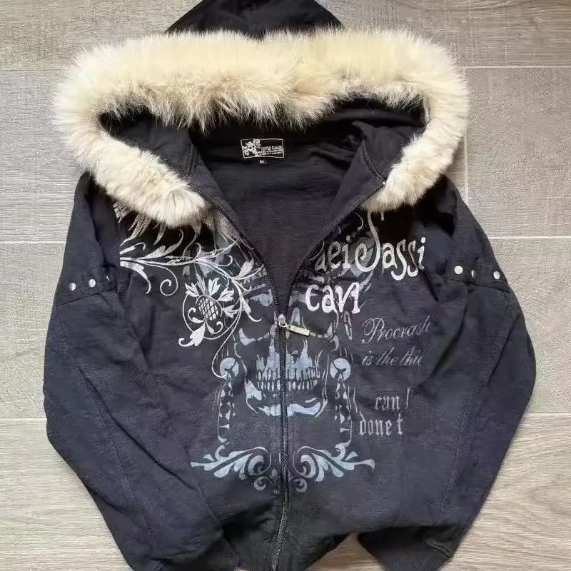 American Retro Rock Gothic Graphic Fur Collar Loose Zipper Sweatshirt Men's Y2K New Harajuku Punk Casual Joker Hoodie Streetwear — image 7