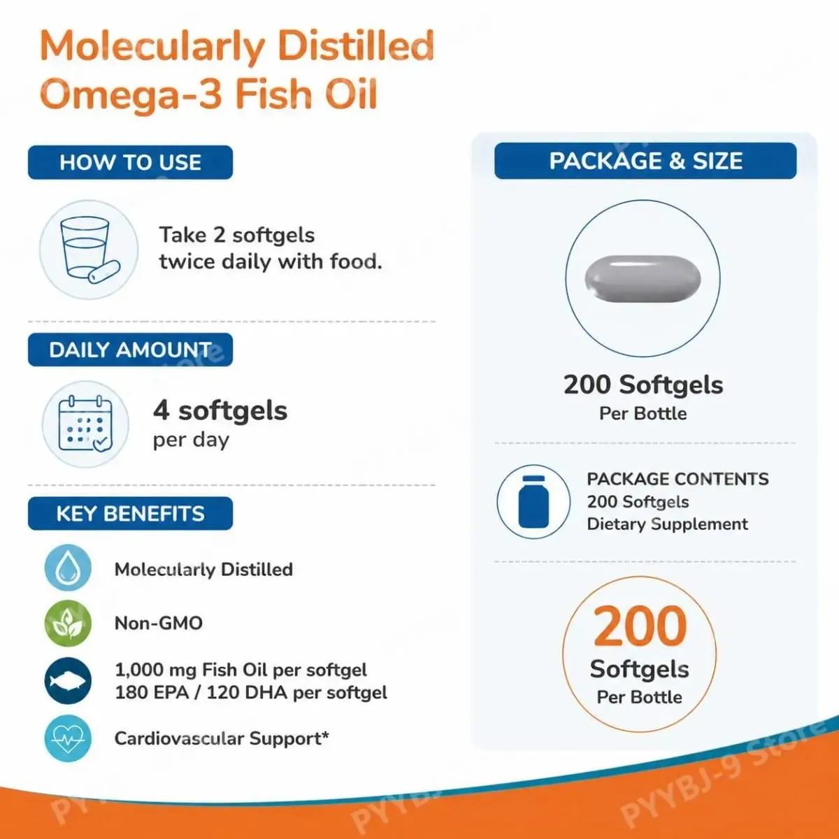 Omega 3 Fish Oil Softgels with EPA DHA Molecularly Distilled Heart Brain and Eye Health Support Easy to Swallow 200 Count