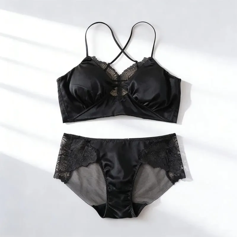 19MM Natural Mulberry Silk Satin Thin Bra Adjustable Cross Straps Beautiful Back Without Steel Ring Female Sexy Underwear Set
