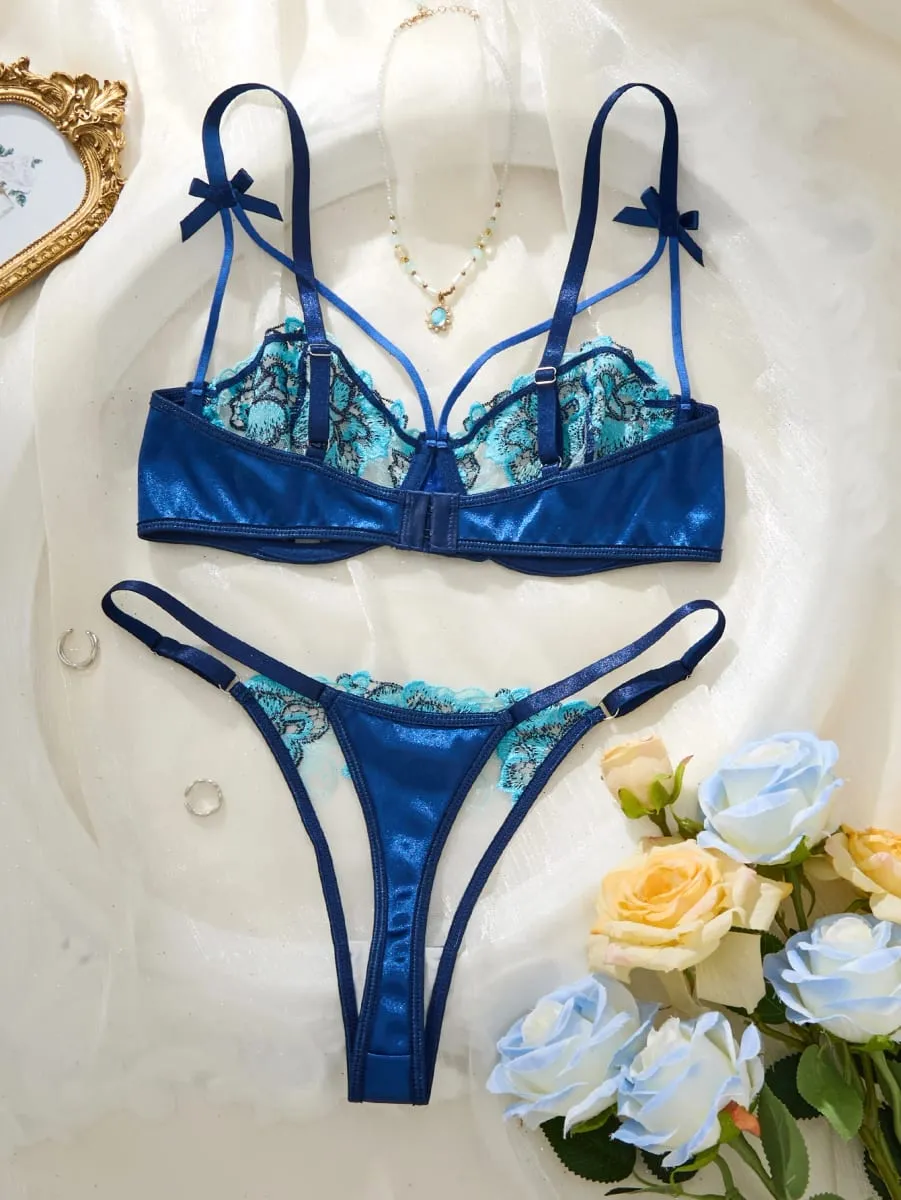 Blue Flower Lace Lingerie Set Shoulder Bow Strappy Underwire Bra Adjustable Briefs Seductive Boudoir Intimate Outfit — image 2