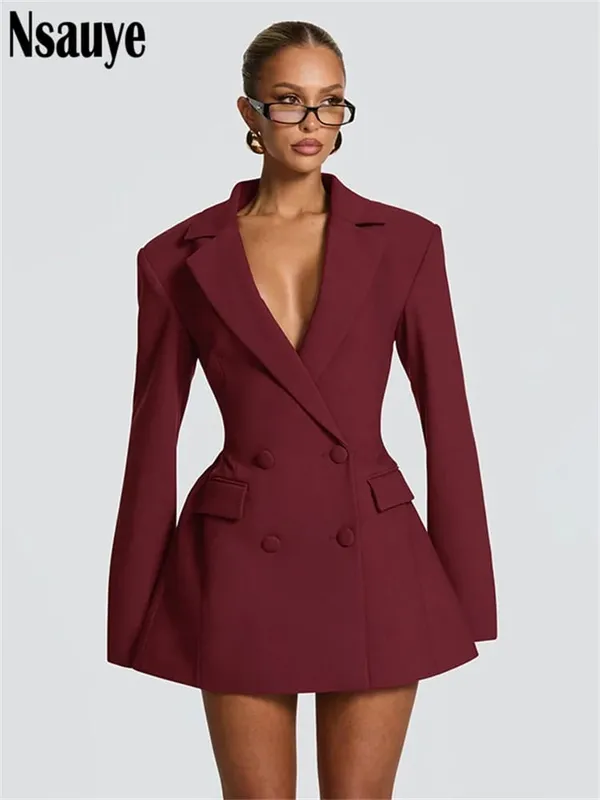 Nsauye Elegant A-Line Short Fashion Evening Black Blazer V Neck Dress Women Winter Clothes Outfits Sexy Night Club Party Dress — image 8